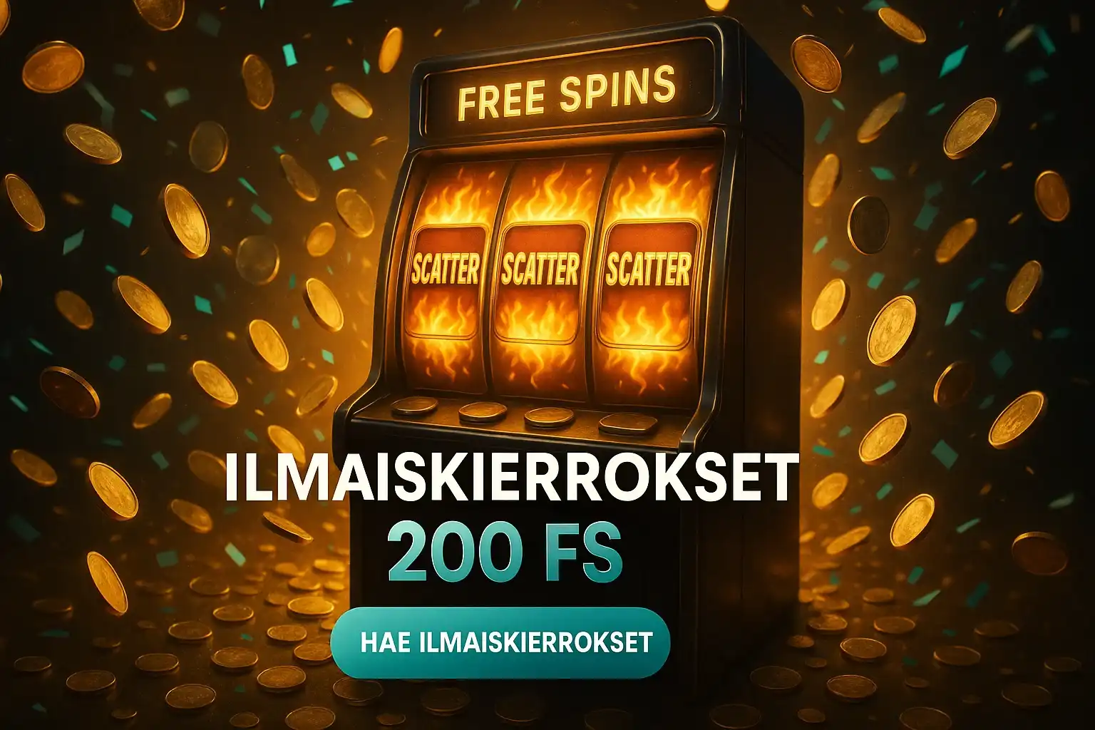 Leveä suomalainen kasinobanneri, hehkuva kolikkosade ja ilmaiskierrokset 200 FS