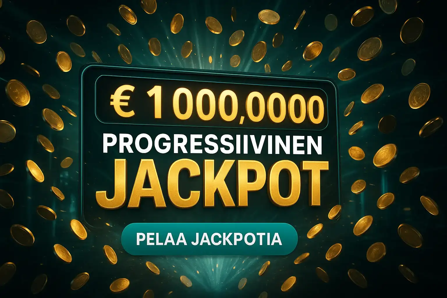 Suomalainen kasinobanneri, progressiivinen jackpot 1 000 000 €, kolikkosade ja teal-valot