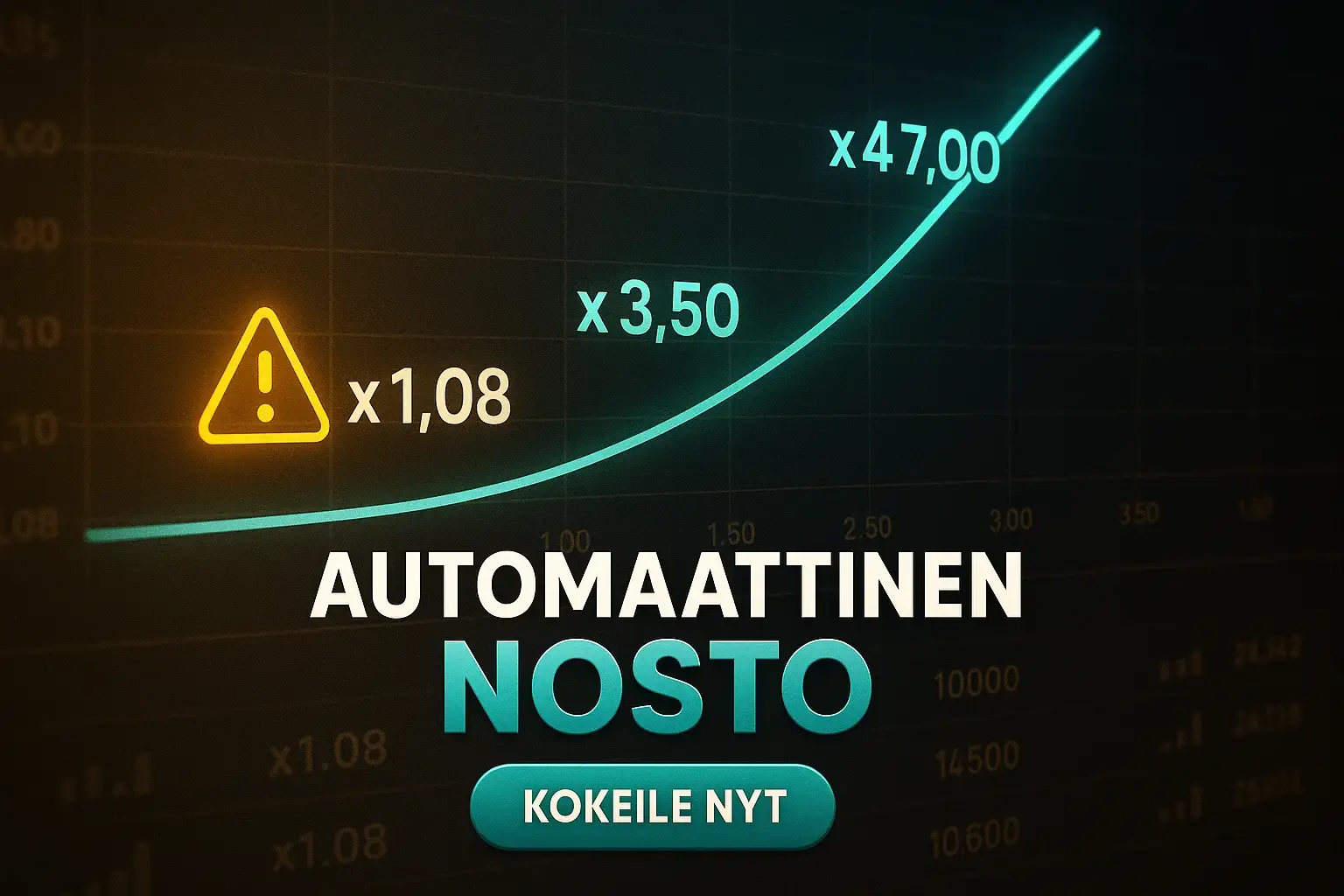 Suomalainen kasinobanneri, crash-pelin volatiliteettikäyrä ja automaattinen nosto CTA