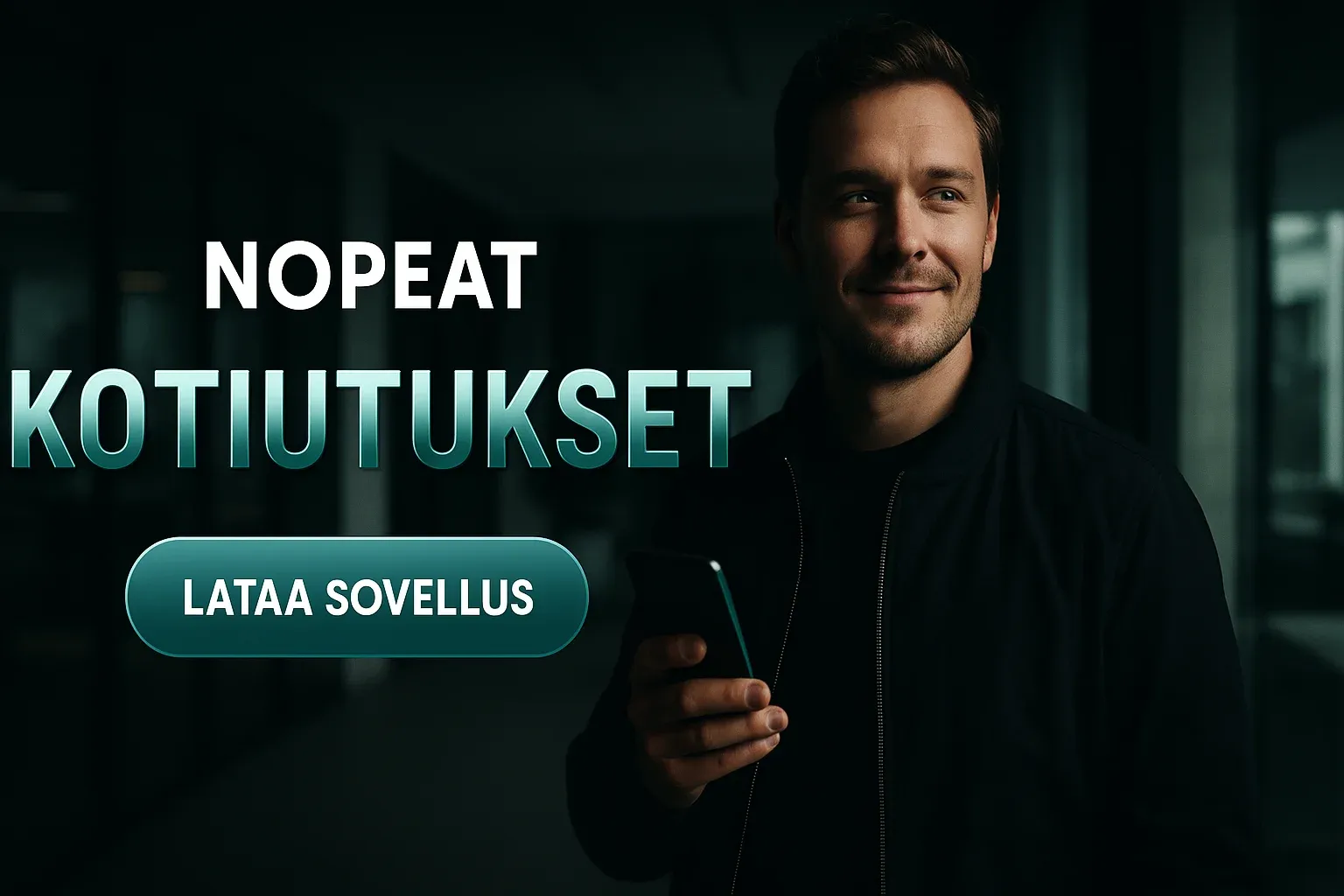 Suomalainen mies pitelee älypuhelinta, kasino sovellusmainosbanneri toimistossa