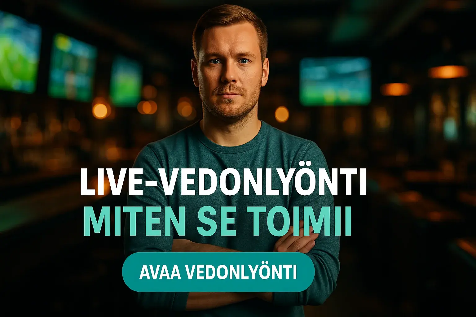 Suomalainen mies urheilubaarissa, live-vedonlyönti banneri ja CTA-painike